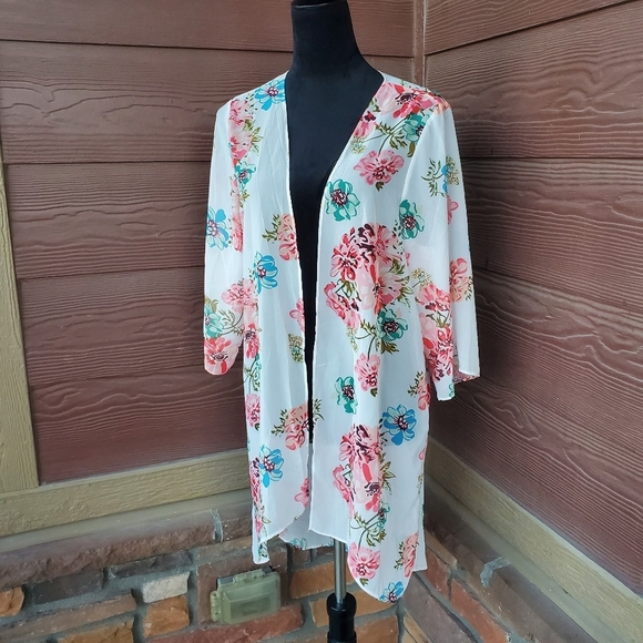White Coral Blue Green Floral Open Front Kimono Women's Size Medium NWOT - Picture 6 of 13